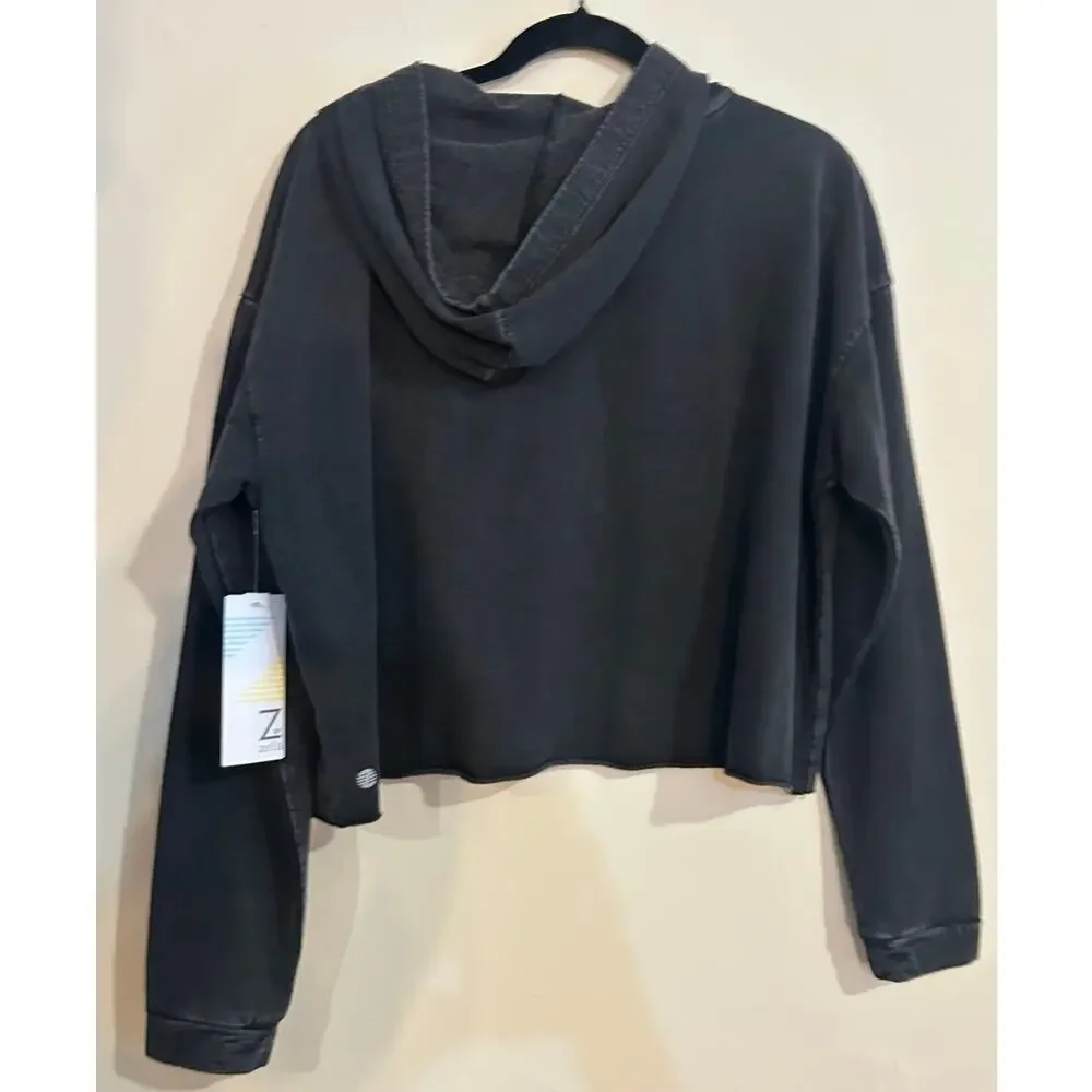 NWT Z by Zella Black Cropped Hoodie SIZE L Drop Shoulders Raw Hem